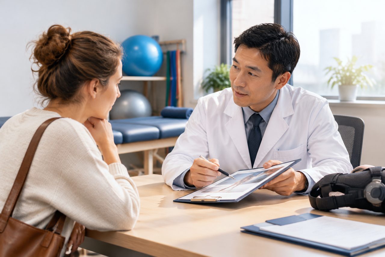 AI illustration: A doctor in a white coat consulting a female patient in a clinic room with rehabilitation equipment in the background.