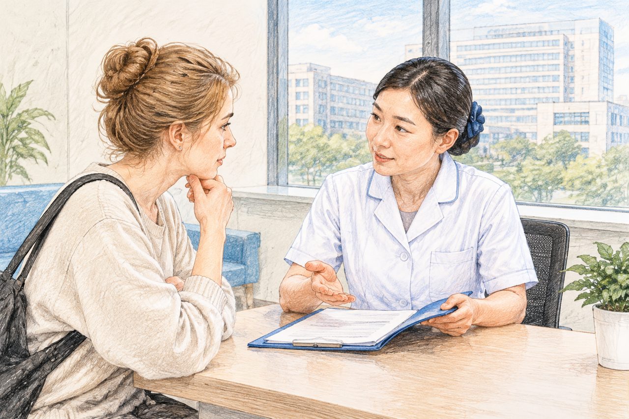 AI illustration: A medical consultation between a female patient and a healthcare professional in a clinic room with a city skyline visible through the window.