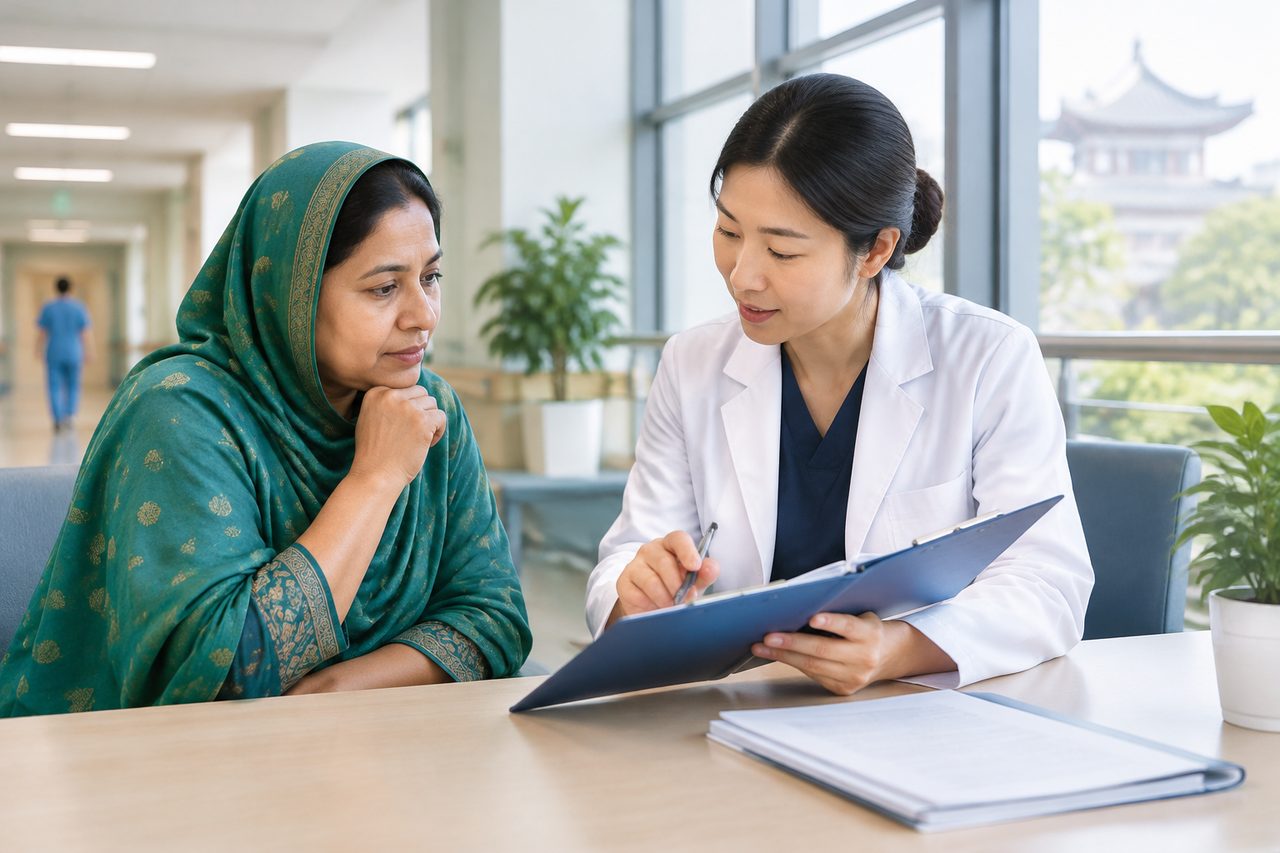 AI illustration: A doctor discusses medical information with a patient in a hospital setting.