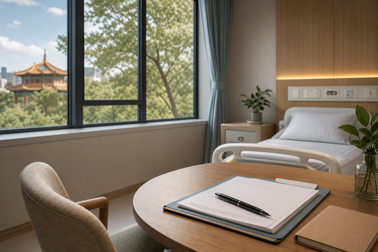 AI illustration: A modern hospital room featuring a desk with documents and a view of greenery outside.