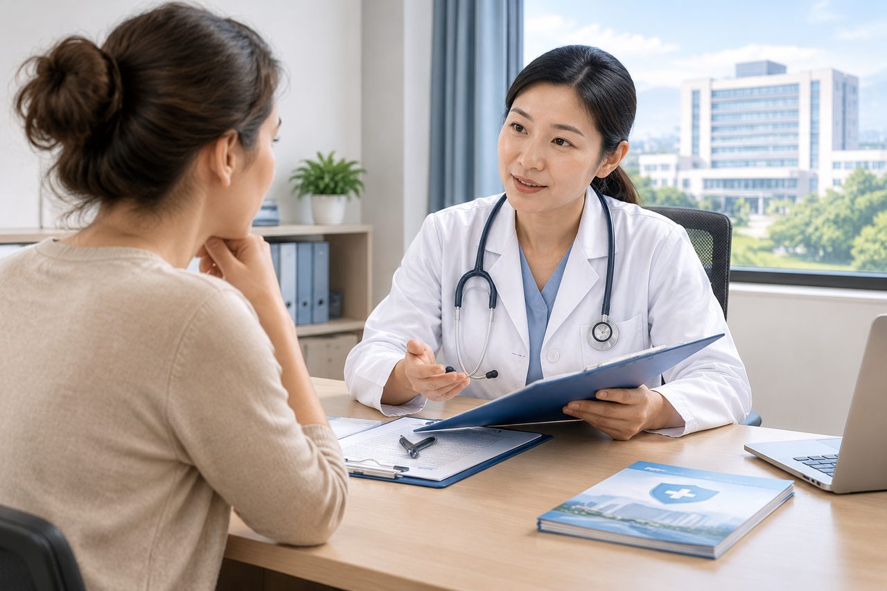 AI illustration: Doctor consulting with a patient in a medical office with a hospital visible outside the window.