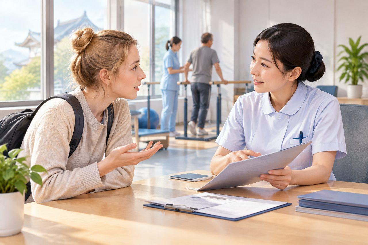 AI illustration: A nurse consulting with a patient in a rehabilitation room where other patients are exercising in the background.