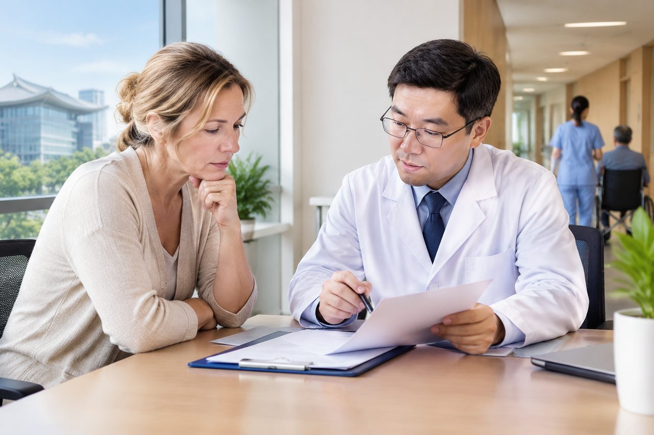 AI illustration: A doctor discusses medical information with a patient in a consultation room.