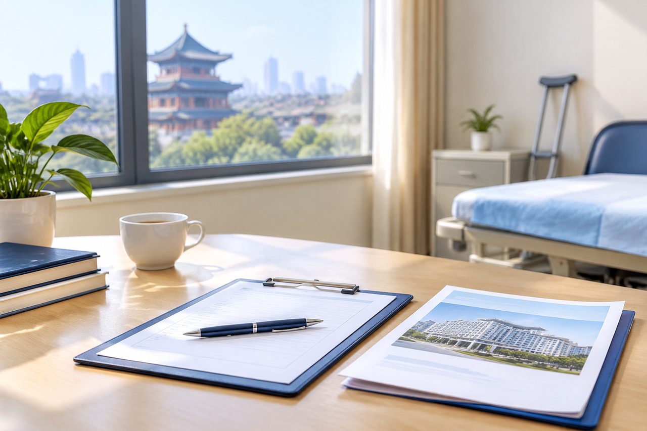 AI illustration: A well-lit hospital consultation room featuring a desk with medical documents and a view of a city skyline.