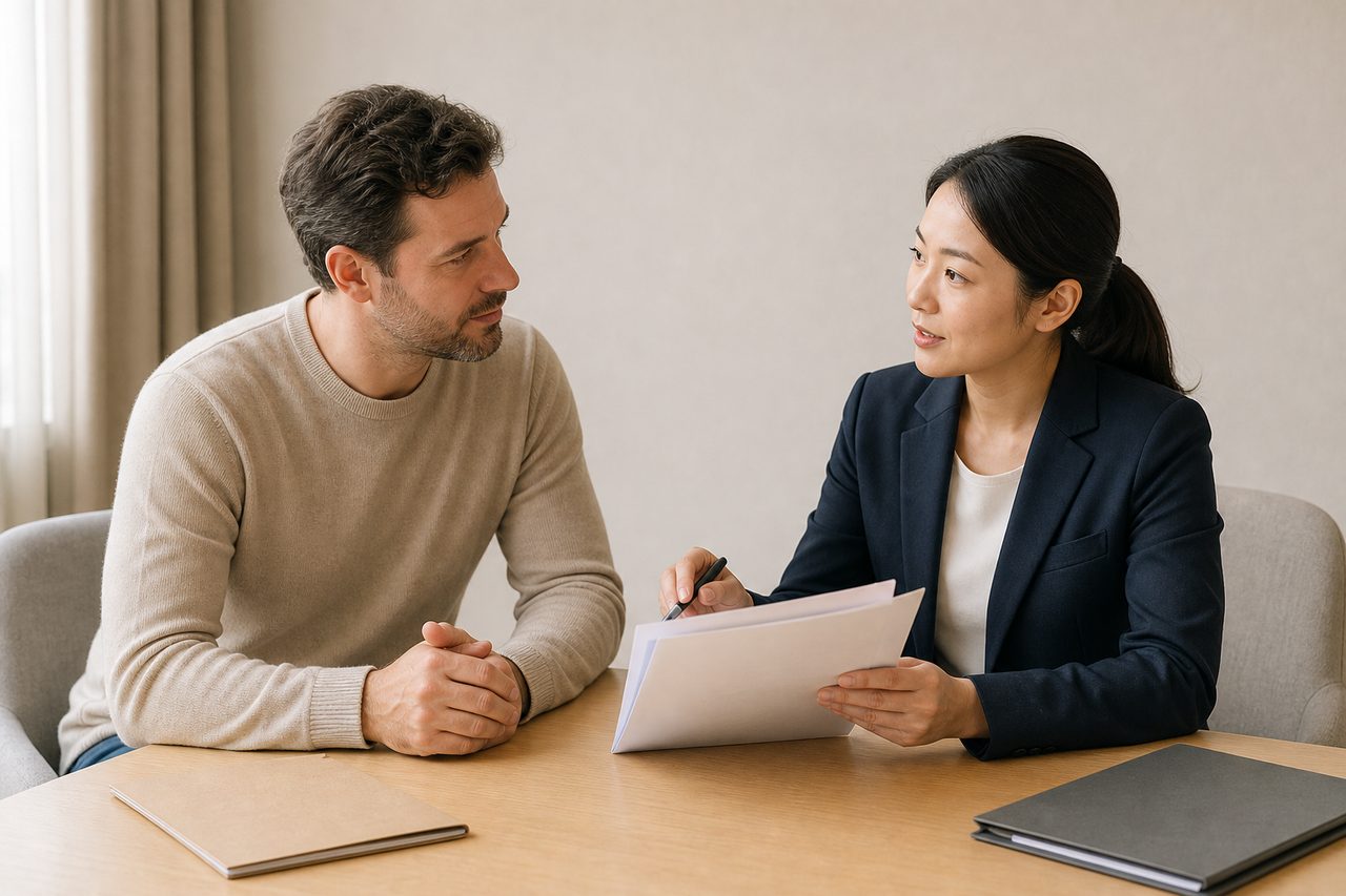AI illustration: A consultation between a man and a woman in a professional setting, discussing documents.