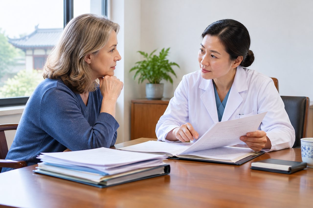 Illustrative care-planning scene; not a photograph of a patient case or medical device.