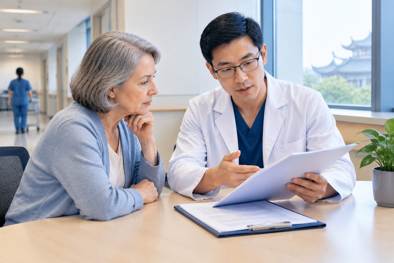 Illustrative care-planning scene; not a photograph of a patient case or medical device.