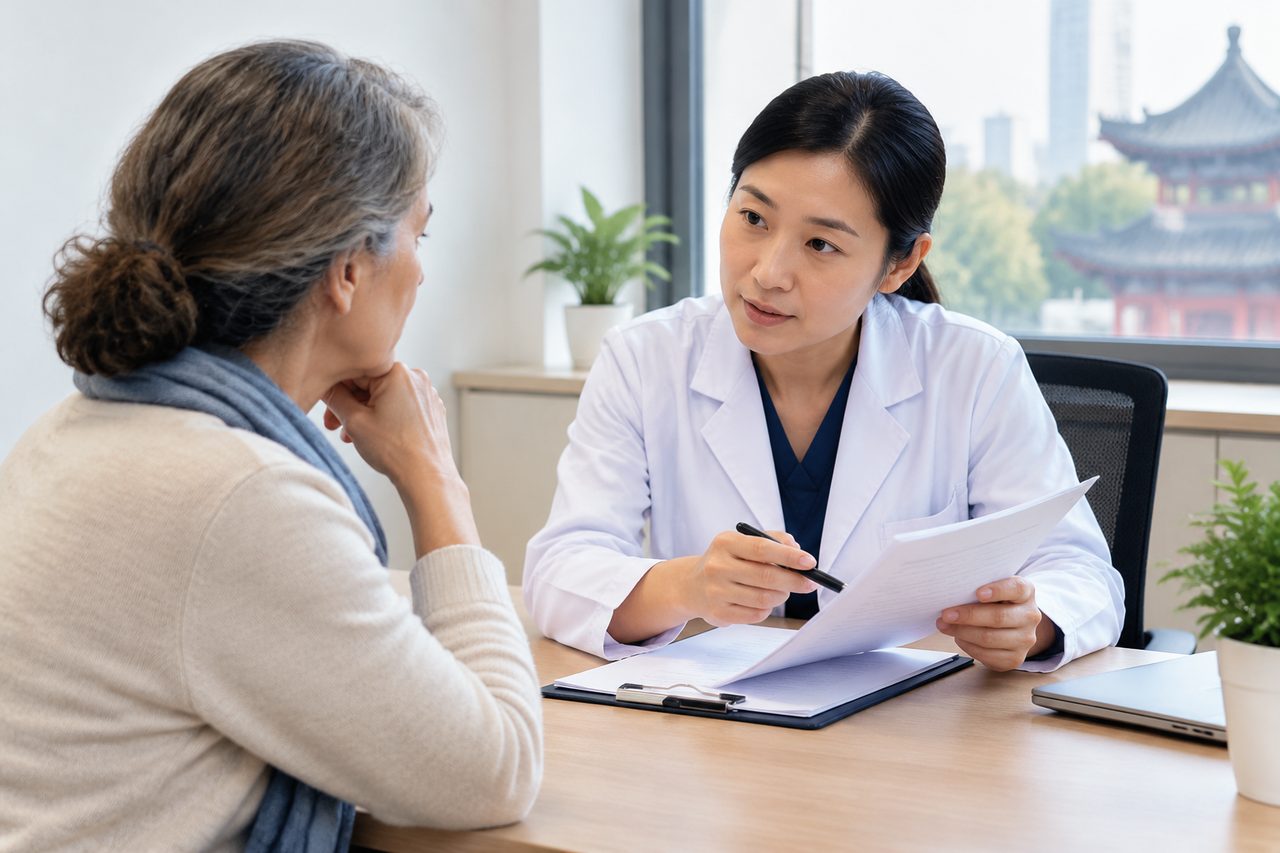 Illustrative care-planning scene; not a photograph of a patient case or medical device.