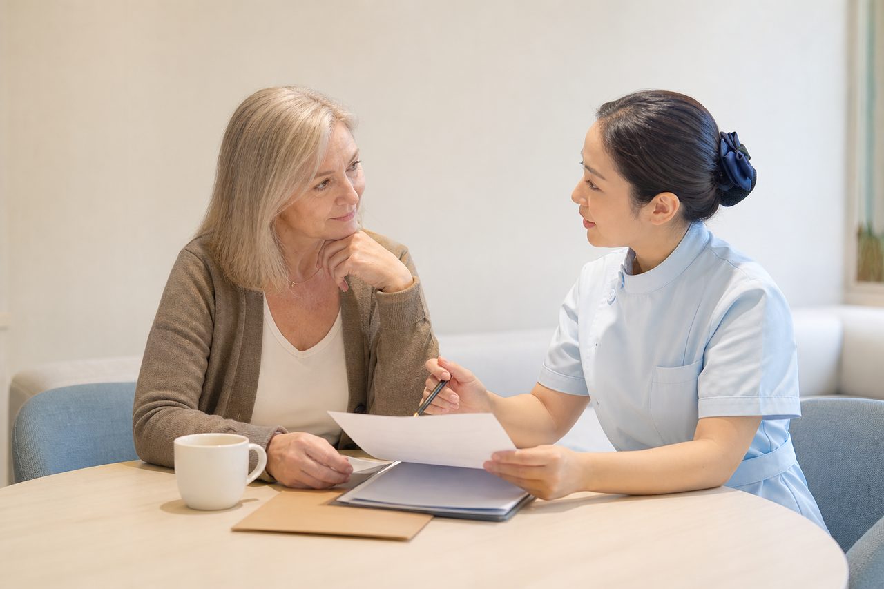 Illustrative care-planning scene; not a photograph of a patient case or medical device.