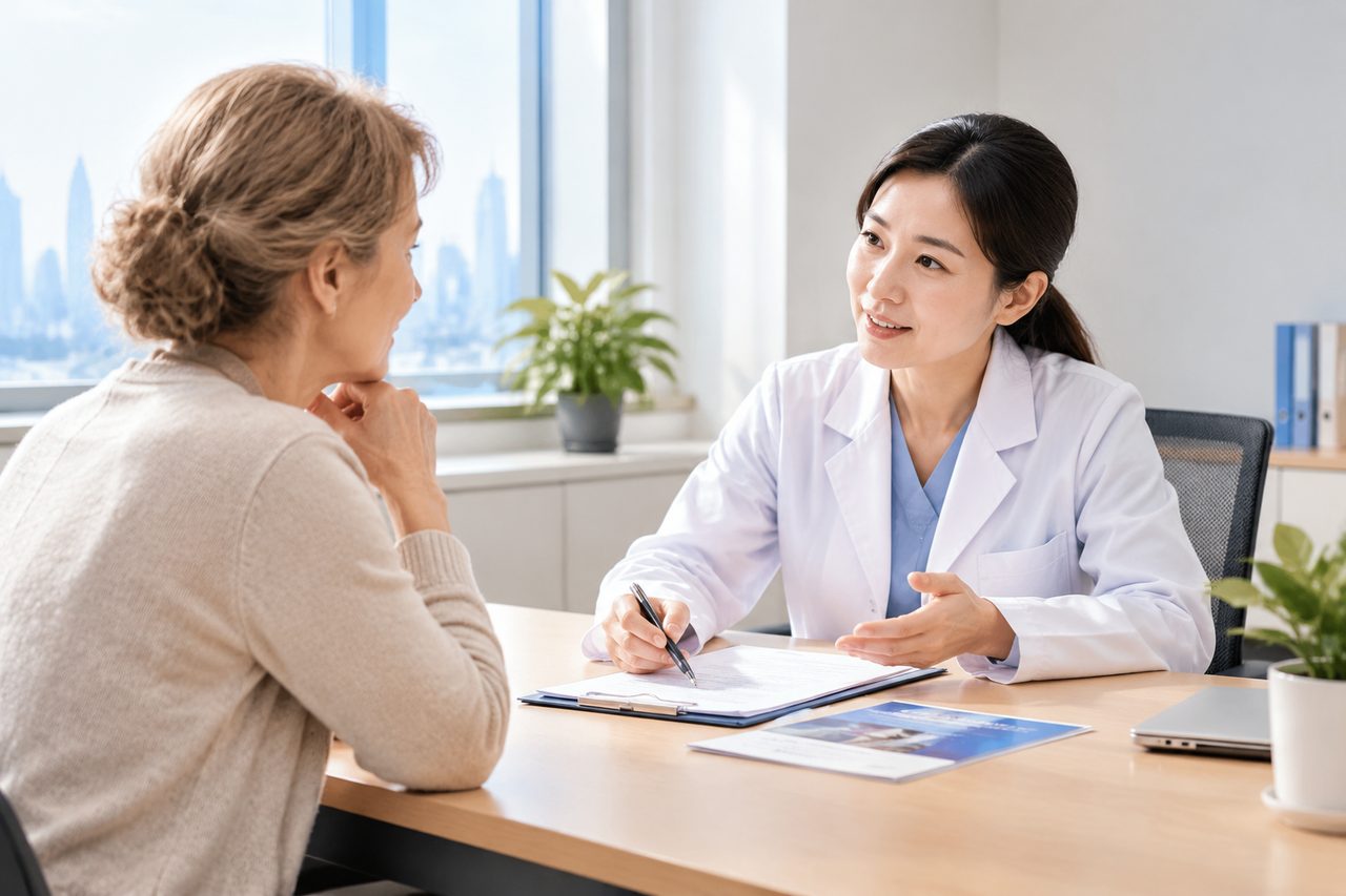 AI illustration: A doctor consulting with a patient in a bright office with a city skyline visible through the window.