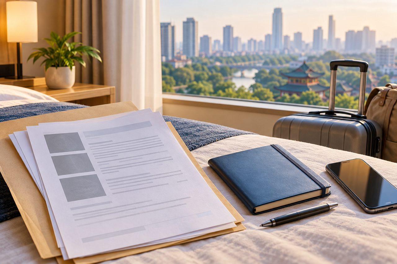 AI illustration: Documents, notebook, pen, and smartphone on a bed with luggage and a city skyline visible through the window.