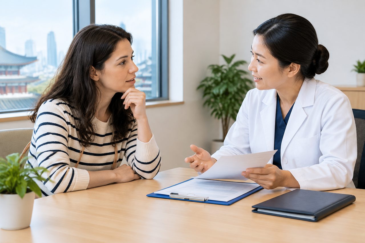 AI illustration: A doctor discusses with a patient in a consultation room.