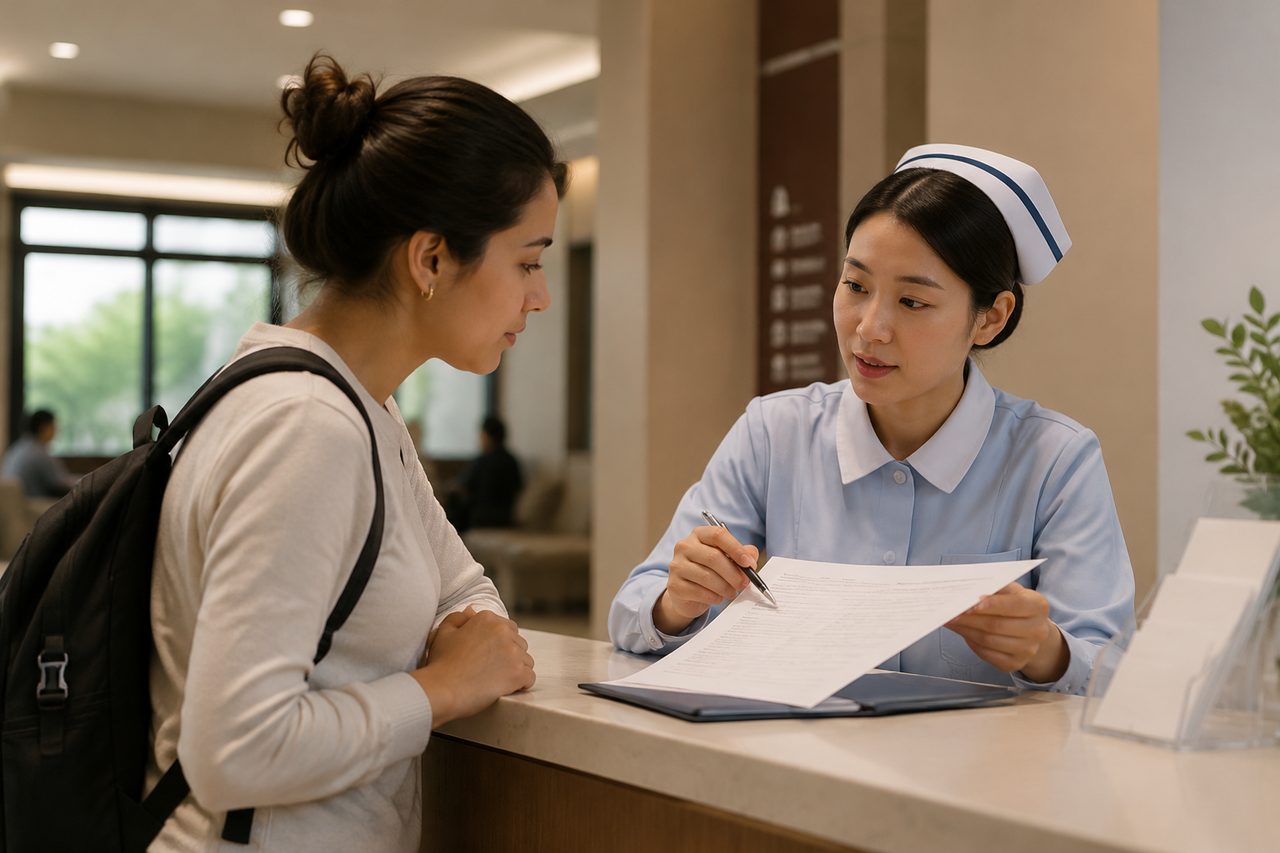 AI illustration: A nurse in uniform explains a document to a woman with a backpack at a hospital reception desk.