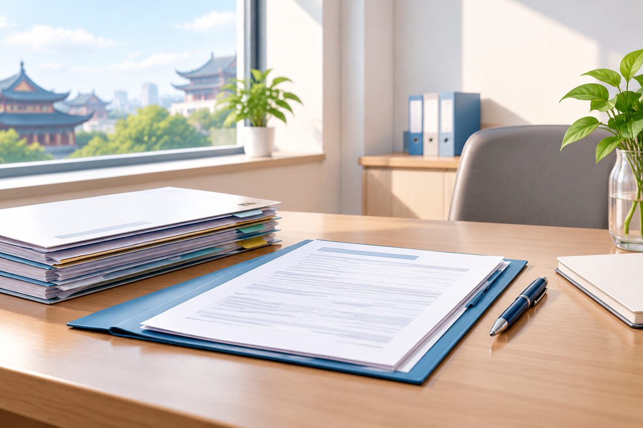 AI illustration: Office desk with documents, pen, notebook, and plants near a window showing a cityscape with traditional architecture.