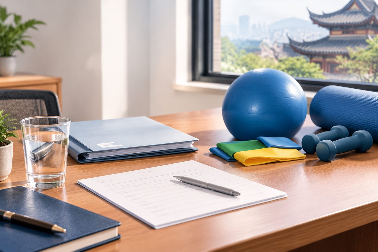 AI illustration: Desk with exercise equipment, notebooks, and a glass of water near a window with a view of traditional architecture.