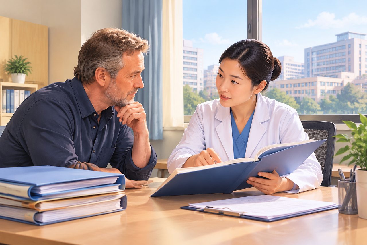 AI illustration: A doctor and a patient having a consultation in a clinic room with files and documents on the table.