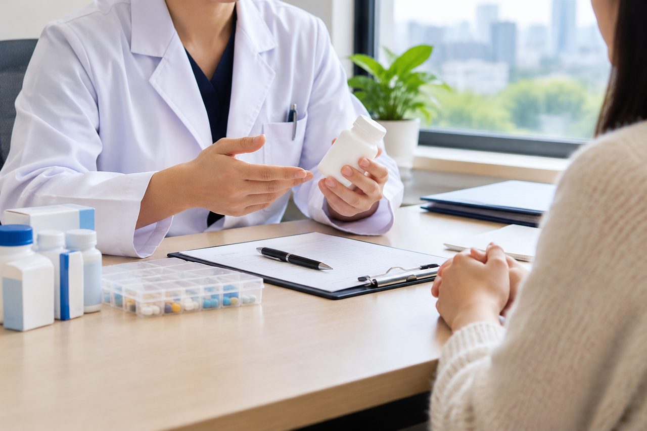 AI illustration: A doctor in a white coat consulting a patient and showing a medicine bottle at a desk with medication and a clipboard.