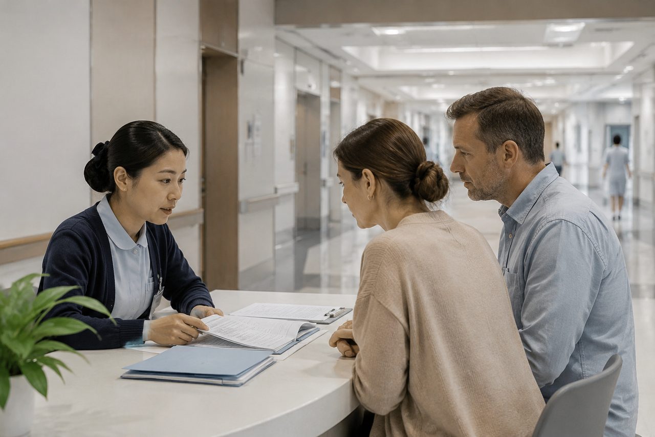 AI illustration: A nurse consulting with a couple at a hospital reception desk in a corridor.