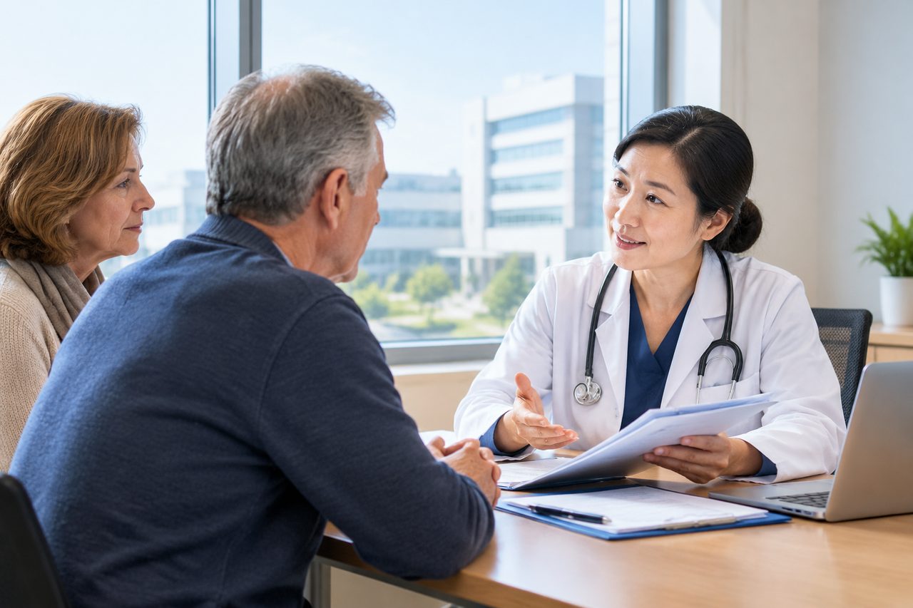 AI illustration: Doctor consulting with a middle-aged couple in a bright office with a laptop and documents on the table.